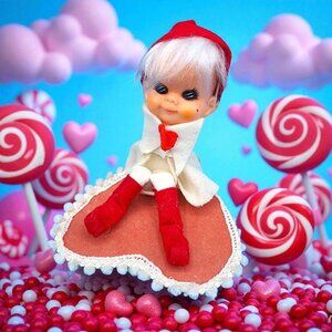 Vintage 1950s Napco Pixie Elf Knee Hugger on Heart Cushion Ornament Japan